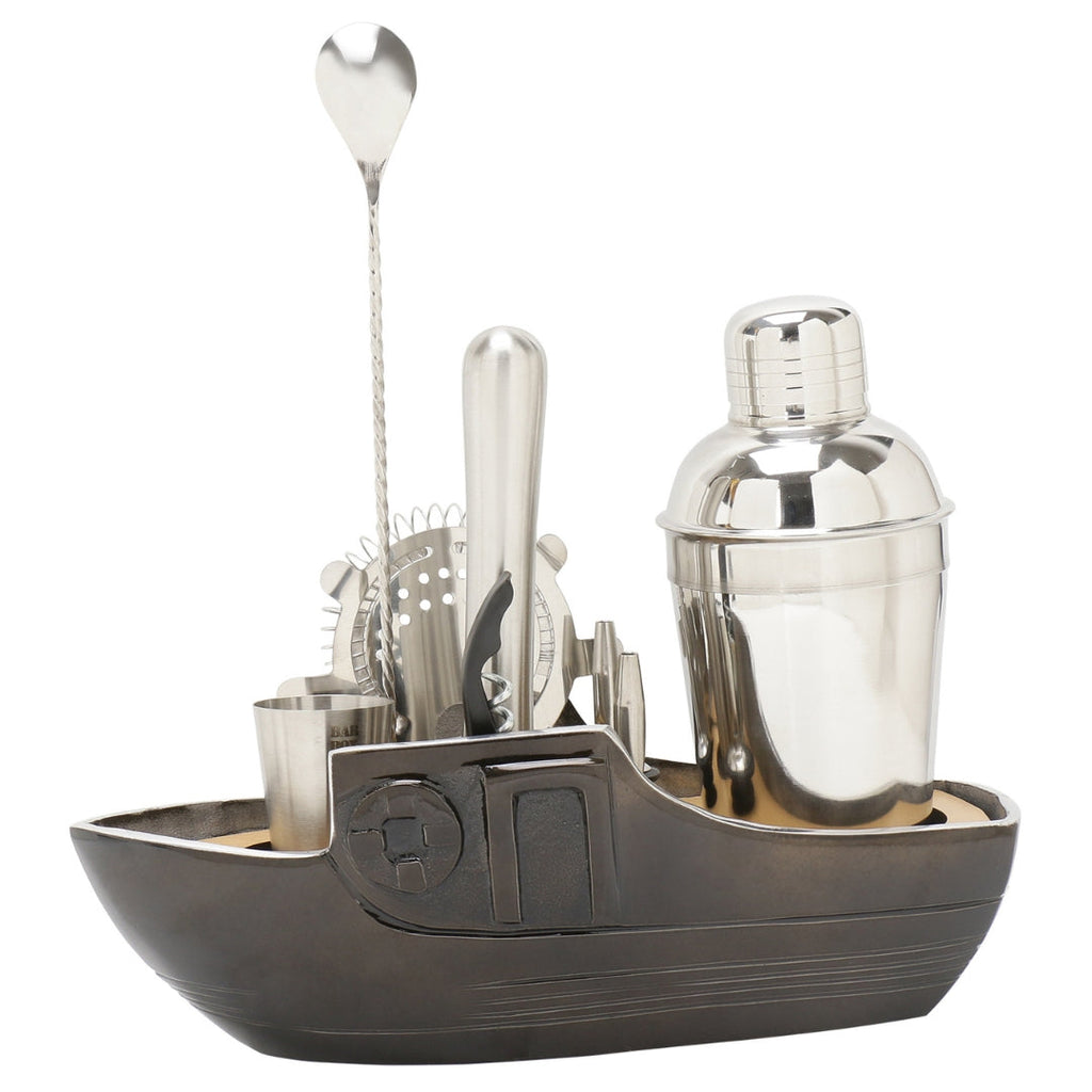 Bar Box 8-Piece Cocktail Shaker Set with Boat Shaped Stand - Bar Tools | Bartender Kit