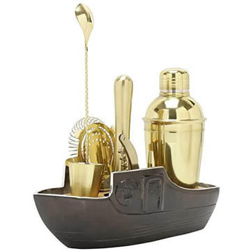 8-Piece Cocktail Shaker Set with Boat Shaped Stand - Bar Tools|Bartender Kit (Gold) - Bar Box