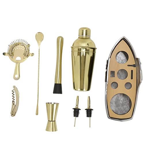 8-Piece Cocktail Shaker Set with Boat Shaped Stand - Bar Tools|Bartender Kit (Gold) - Bar Box
