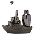Bar Box 8-Piece Cocktail Shaker Set with Boat Shaped Stand - Bar Tools | Bartender Kit (Gun-Metal)