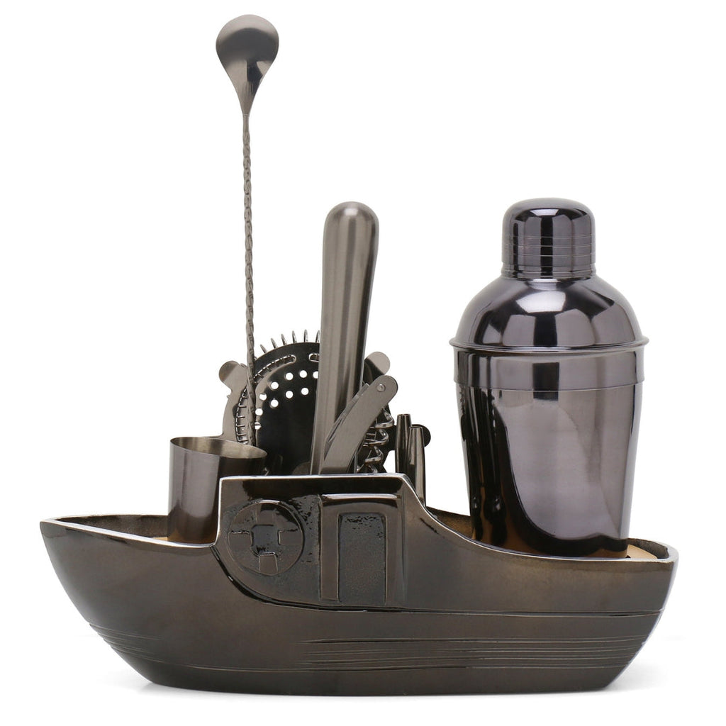 Bar Box 8-Piece Cocktail Shaker Set with Boat Shaped Stand - Bar Tools | Bartender Kit (Gun-Metal)