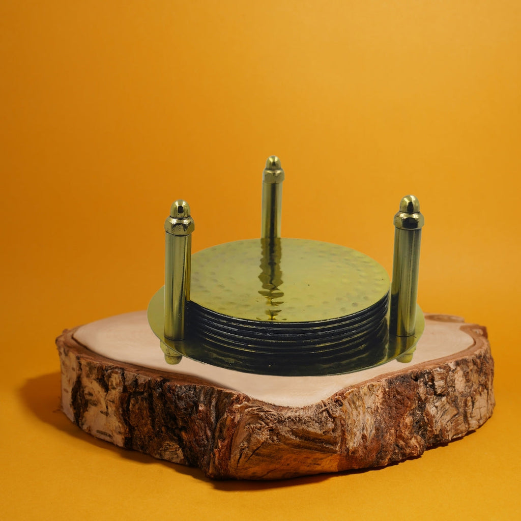 Bar Box Bar Box Gold Plating Hammered Design Coasters with Velvet Base for Drinks and Cups Set of 6 with Stand