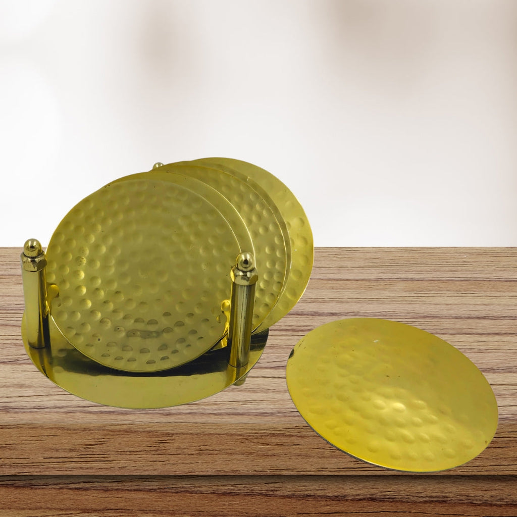 Bar Box Bar Box Gold Plating Hammered Design Coasters with Velvet Base for Drinks and Cups Set of 6 with Stand