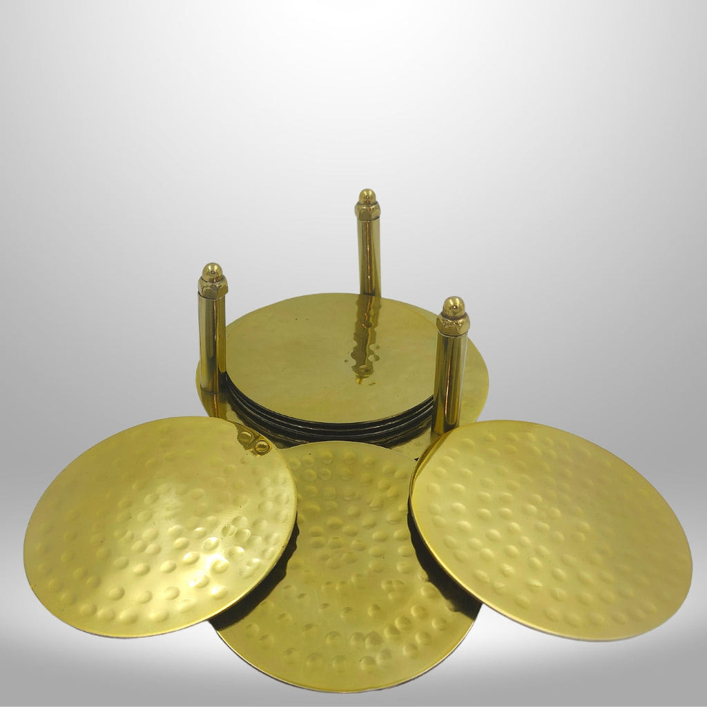 Bar Box Bar Box Gold Plating Hammered Design Coasters with Velvet Base for Drinks and Cups Set of 6 with Stand