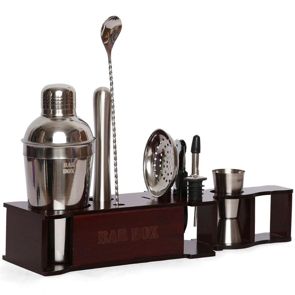 Bar Box Cocktail & Barware Tool Sets BarBox Cocktail Shaker Set with Bottle shaped display stand (Mahogany)