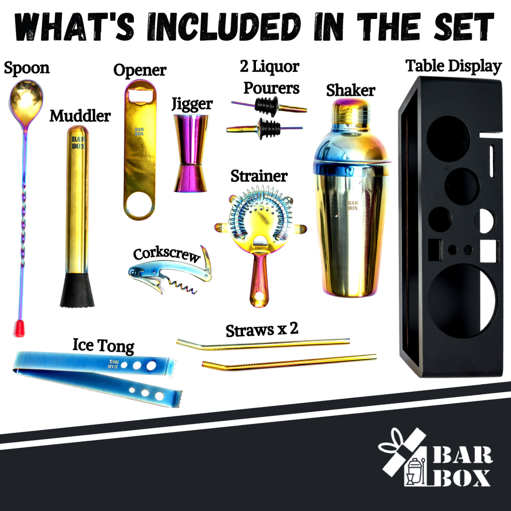Bar Box Cocktail & Barware Tool Sets BarBox Cocktail Shaker Set with Table display stand (Rainbow)