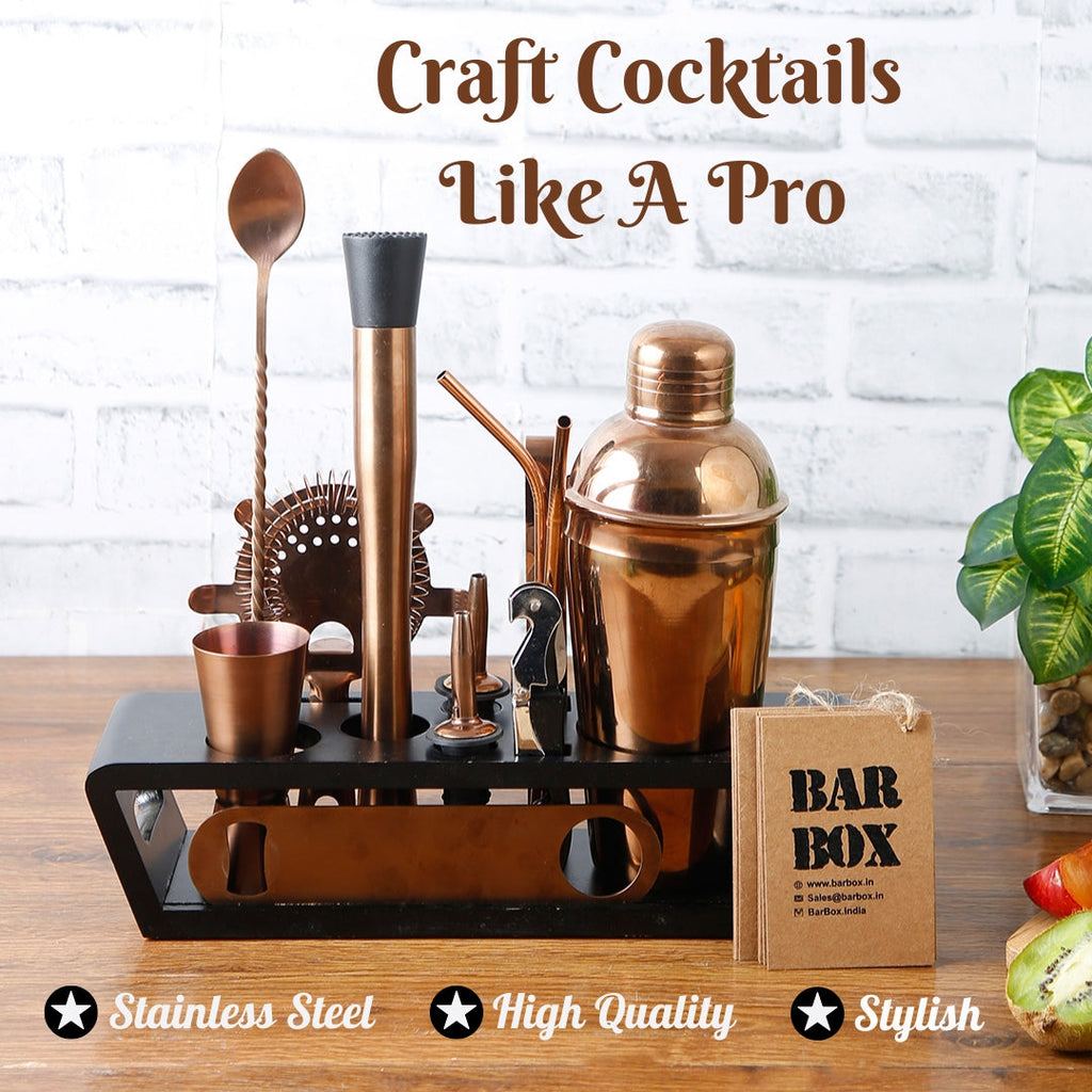 Bar Box Cocktail & Barware Tool Sets BarBox Cocktail Shaker Set with Table display stand (Rose Gold)