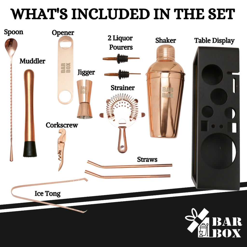 Bar Box Cocktail & Barware Tool Sets BarBox Cocktail Shaker Set with Table display stand (Rose Gold)