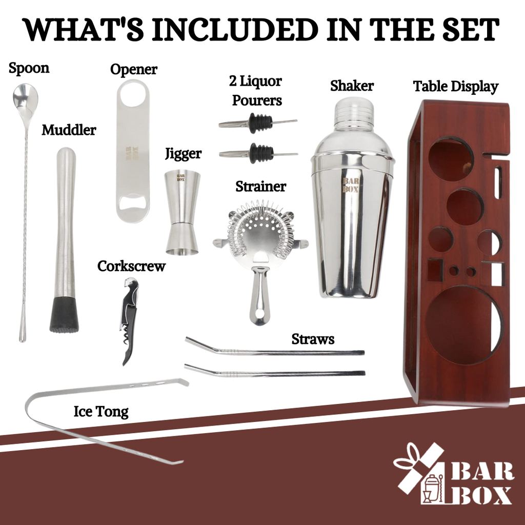 Bar Box Cocktail & Barware Tool Sets BarBox Cocktail Shaker Set with Table display stand (Stainless Steel)