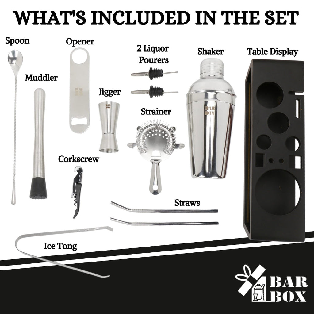 Bar Box Cocktail & Barware Tool Sets BarBox Cocktail Shaker Set with Table display stand (Stainless Steel)