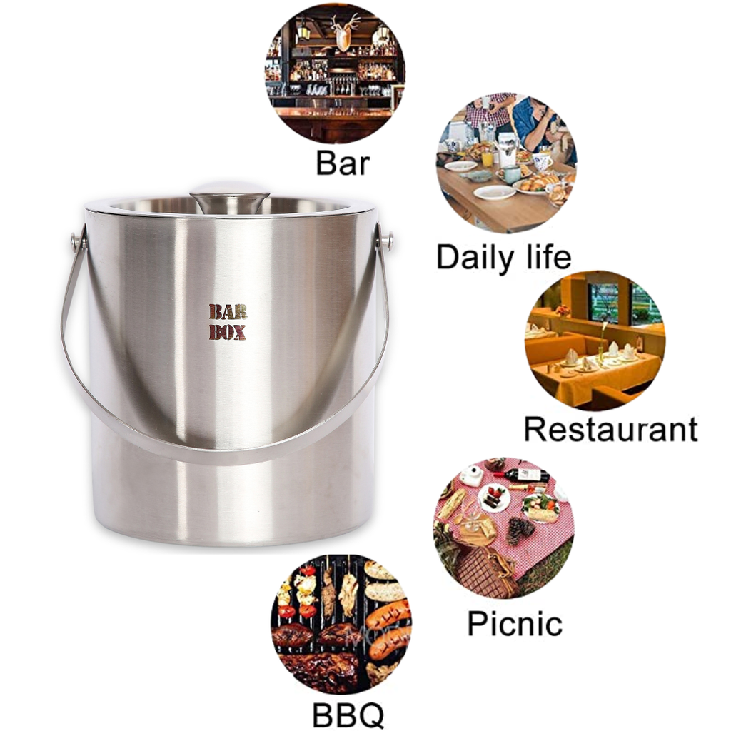 Bar Box BarBox Double Walled Stainless Steel Insulated Ice Bucket with Lid | Keeps Ice Cold for 6 h | Perfect for Home bar, Gifting, Parties(1.5L)