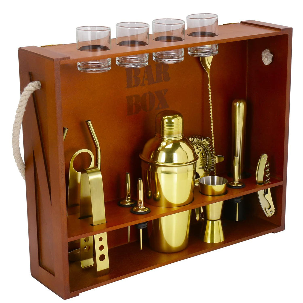 BarBox Home Bar Kit with Custom Brown Wall-mount Stand (19-Pcs)(Gold) - Bar Box