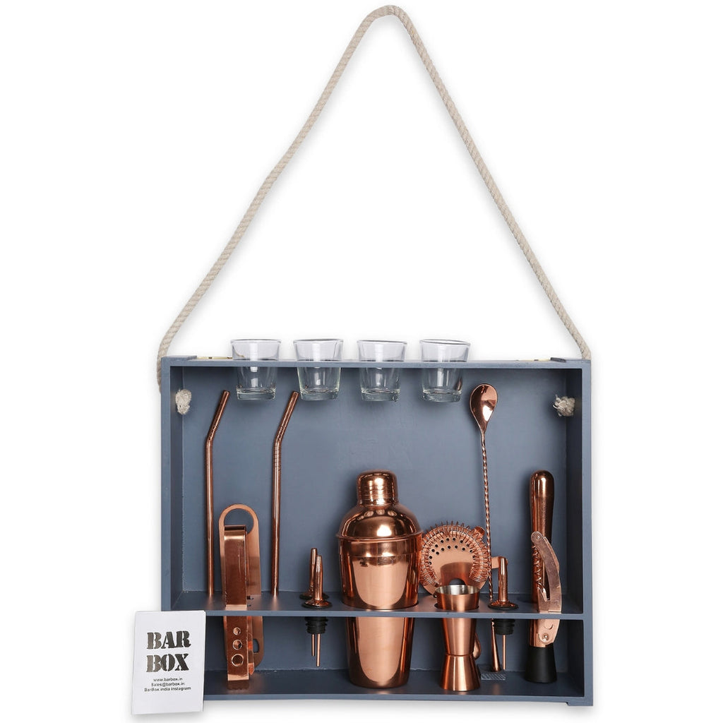 Bar Box Cocktail & Barware Tool Sets BarBox Home Bar Kit with Military Grey Wall-mount Stand (19-Pcs)(Rose Gold)
