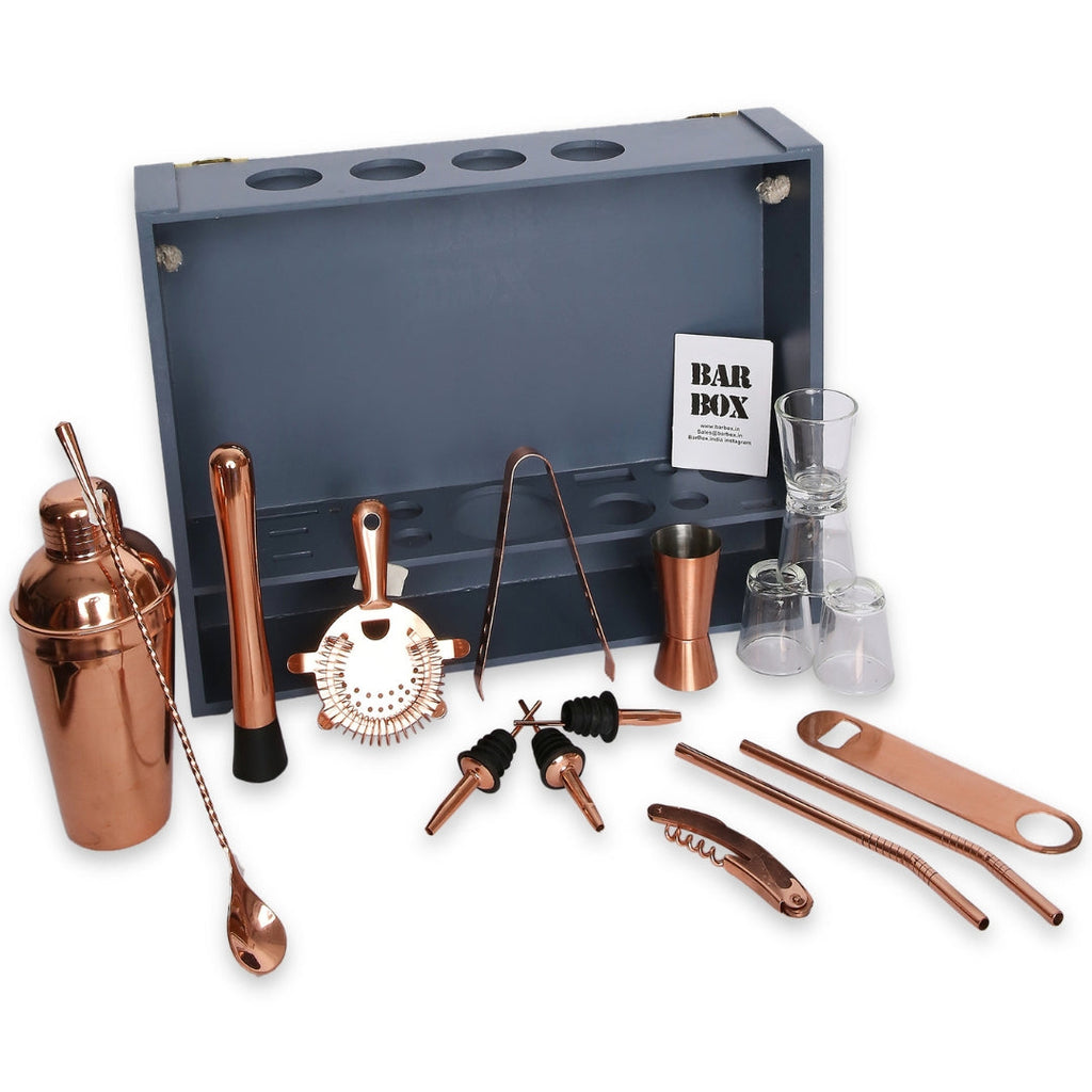 Bar Box Cocktail & Barware Tool Sets BarBox Home Bar Kit with Military Grey Wall-mount Stand (19-Pcs)(Rose Gold)