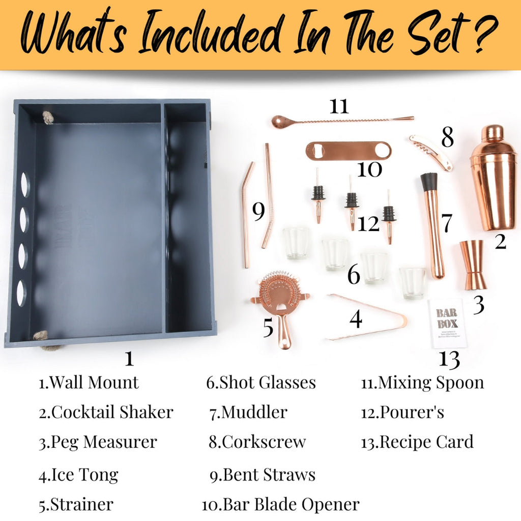 Bar Box Cocktail & Barware Tool Sets BarBox Home Bar Kit with Military Grey Wall-mount Stand (19-Pcs)(Rose Gold)