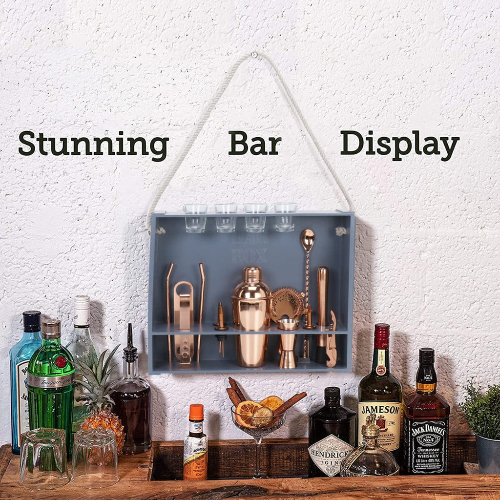 Bar Box Cocktail & Barware Tool Sets BarBox Home Bar Kit with Military Grey Wall-mount Stand (19-Pcs)(Rose Gold)