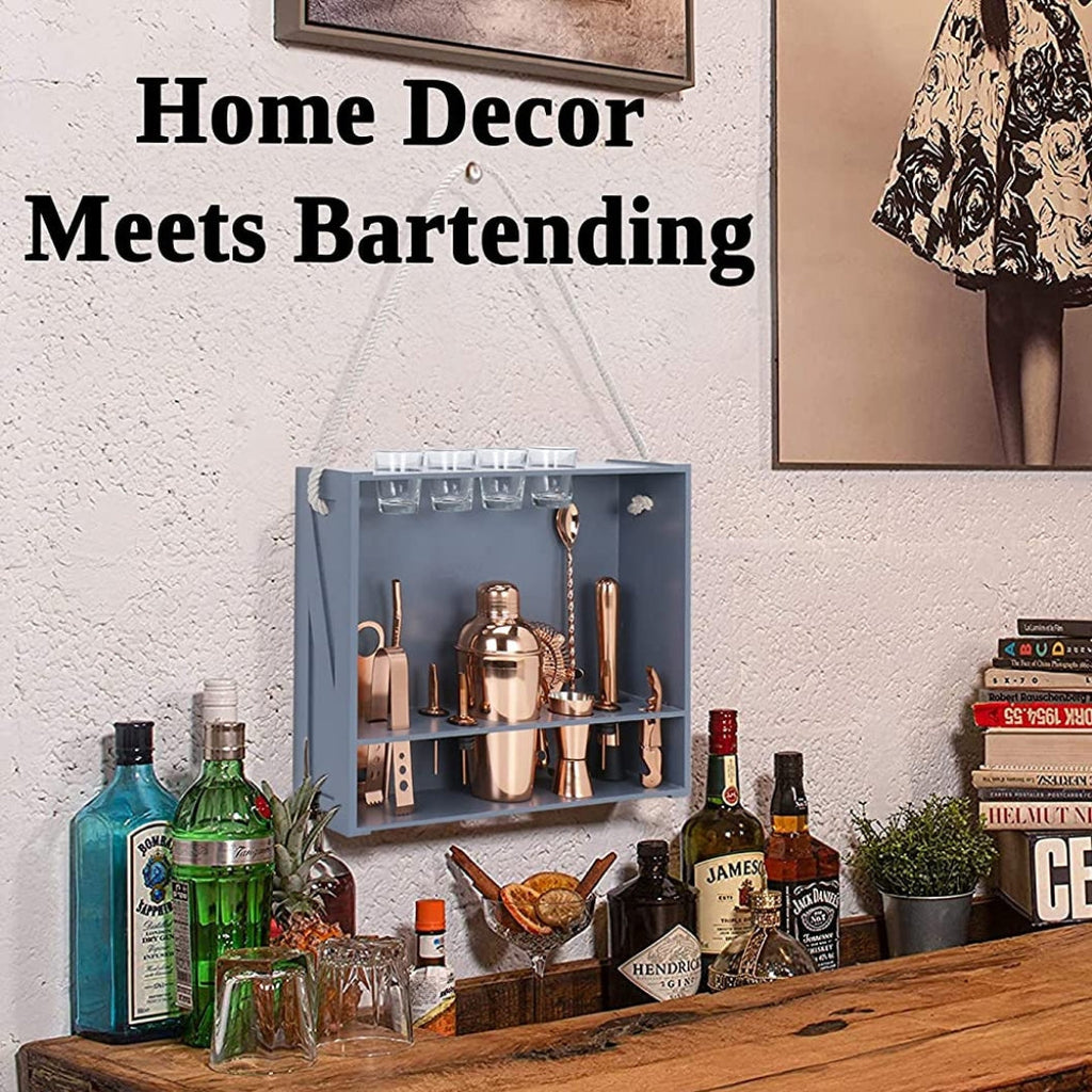 Bar Box Cocktail & Barware Tool Sets BarBox Home Bar Kit with Military Grey Wall-mount Stand (19-Pcs)(Rose Gold)