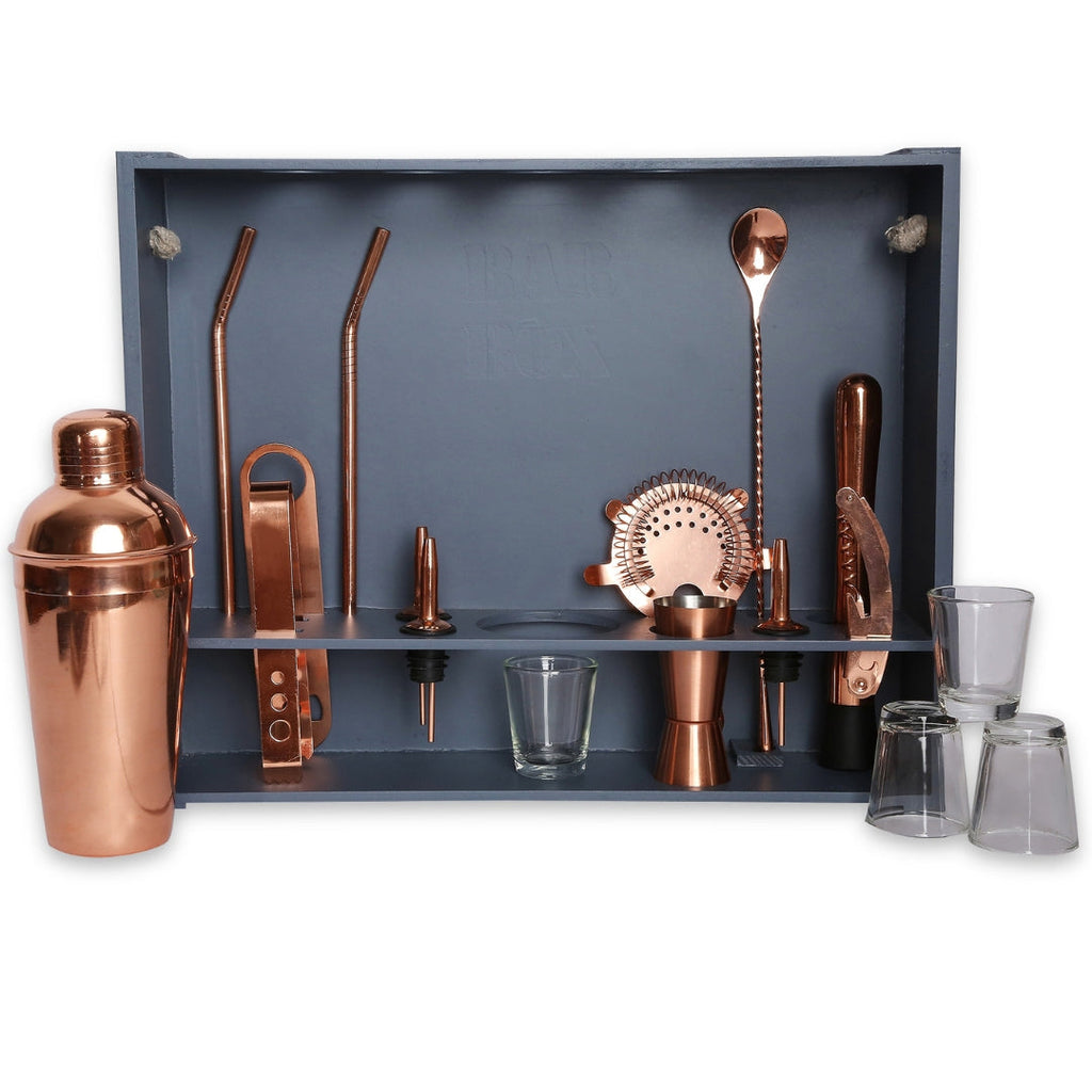 Bar Box Cocktail & Barware Tool Sets BarBox Home Bar Kit with Military Grey Wall-mount Stand (19-Pcs)(Rose Gold)