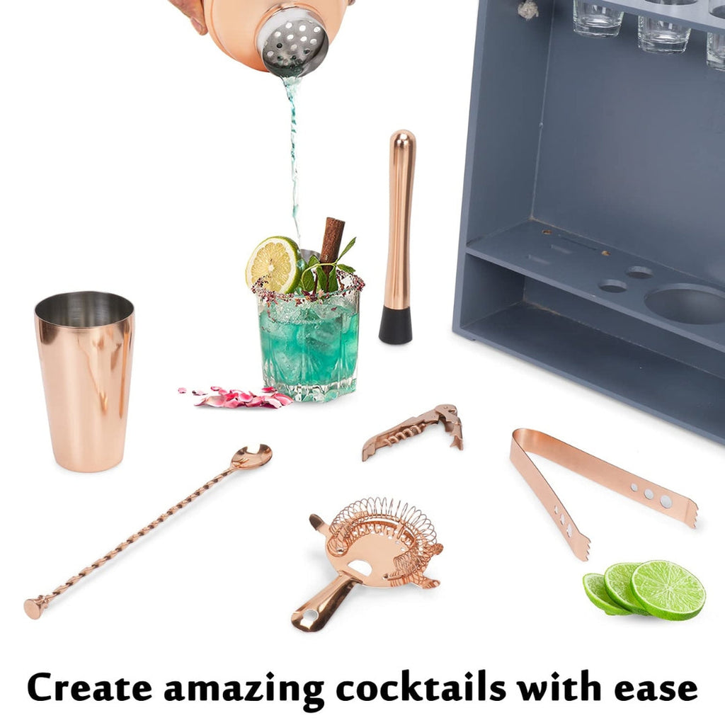 Bar Box Cocktail & Barware Tool Sets BarBox Home Bar Kit with Military Grey Wall-mount Stand (19-Pcs)(Rose Gold)