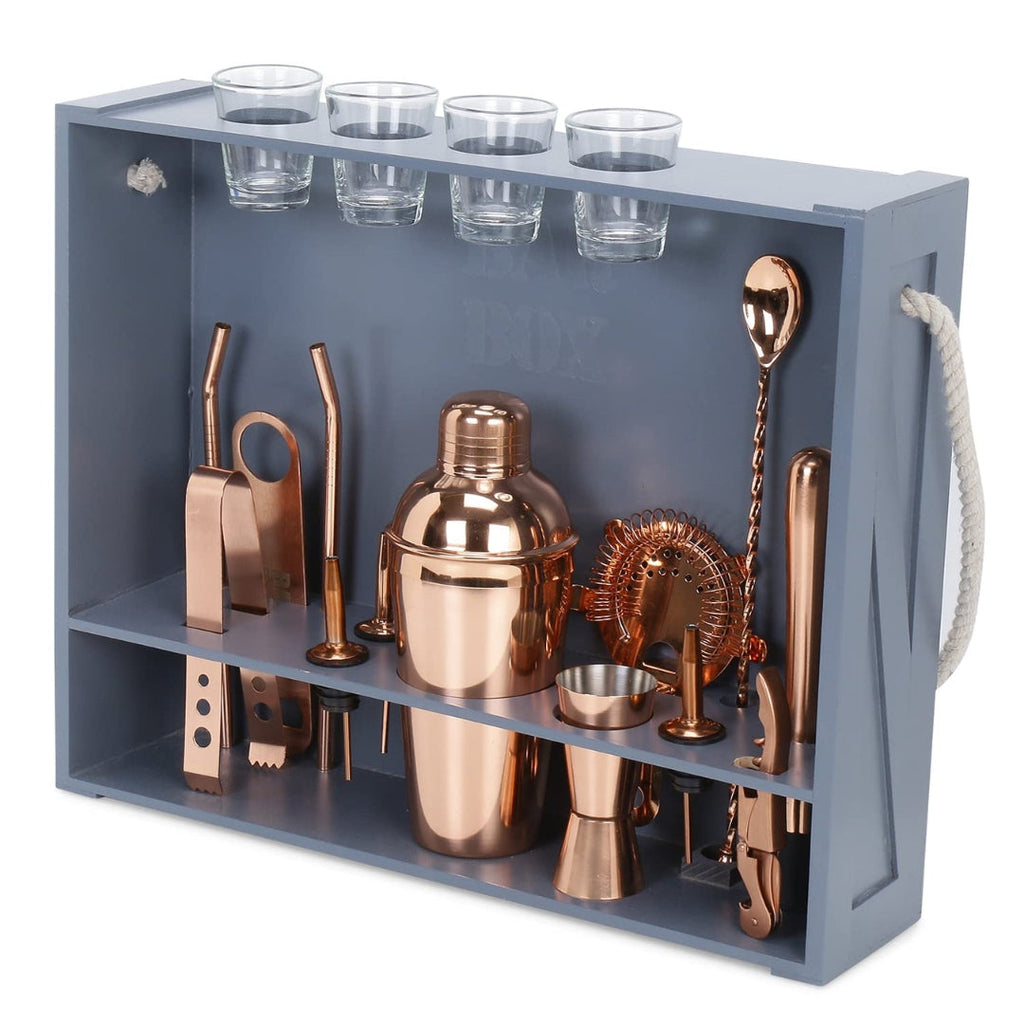 Bar Box Cocktail & Barware Tool Sets BarBox Home Bar Kit with Military Grey Wall-mount Stand (19-Pcs)(Rose Gold)