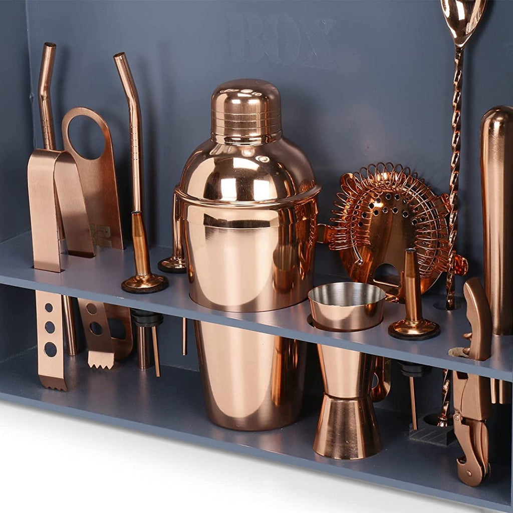 Bar Box Cocktail & Barware Tool Sets BarBox Home Bar Kit with Military Grey Wall-mount Stand (19-Pcs)(Rose Gold)