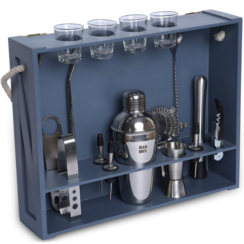 Bar Box Cocktail & Barware Tool Sets BarBox Home Bar Kit with Military Grey Wall-mount Stand (19-Pcs)(Silver)