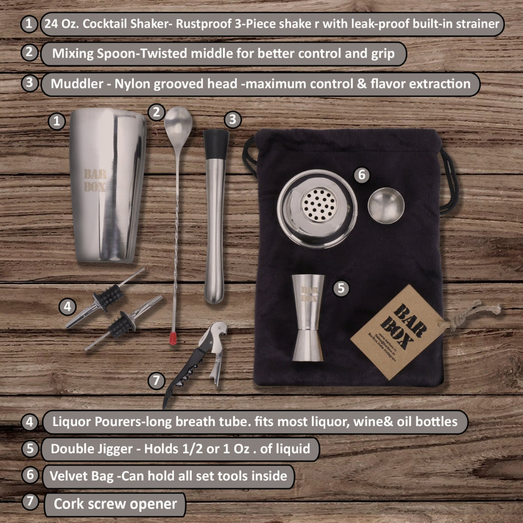 Bar Box Cocktail & Barware Tool Sets BarBox Portable Bartender Kit in Velvet Bag(09 pcs set)