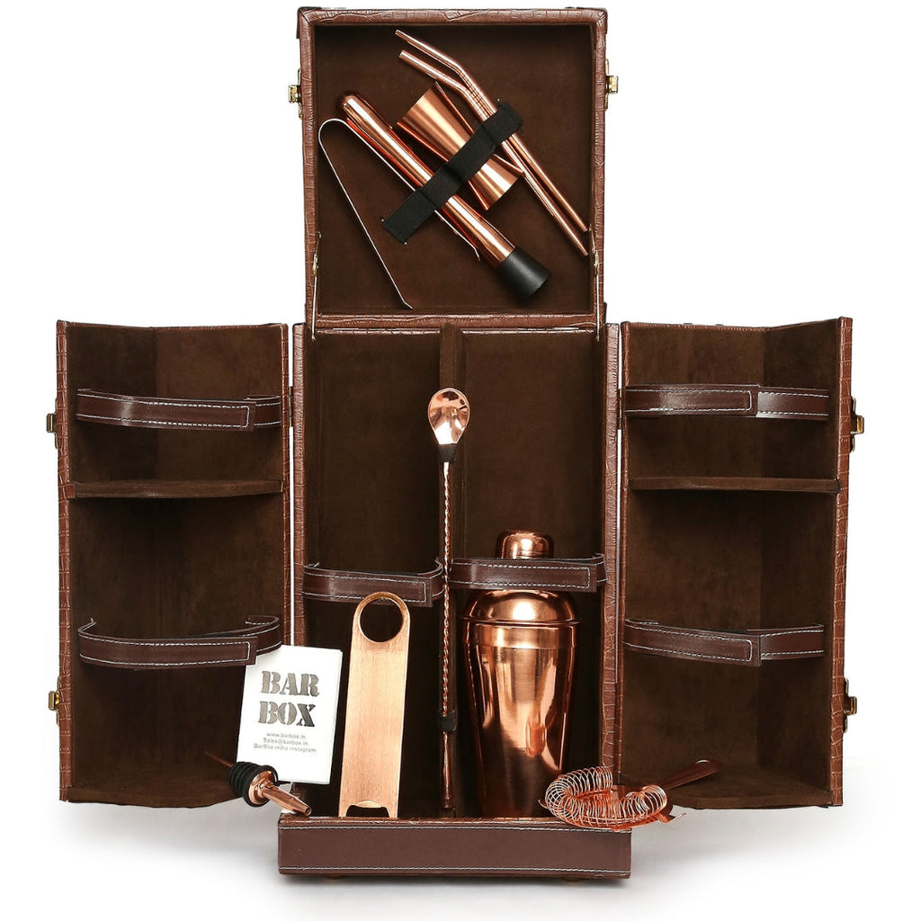 Bar Box Kitchen & Dining BarBox Portable leather Bar cabinet (16-Pcs)(Brown -Rose Gold)
