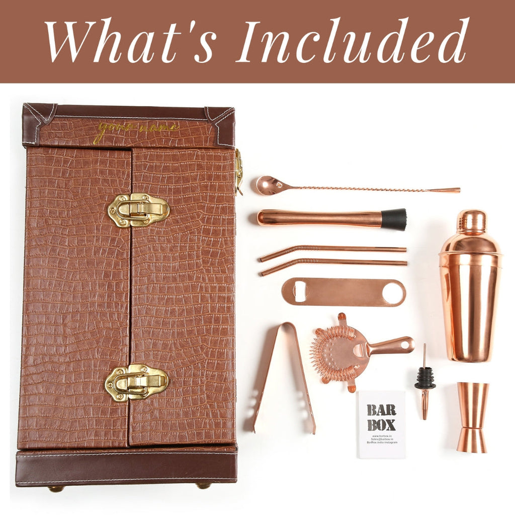 Bar Box Kitchen & Dining BarBox Portable leather Bar cabinet (16-Pcs)(Brown -Rose Gold)