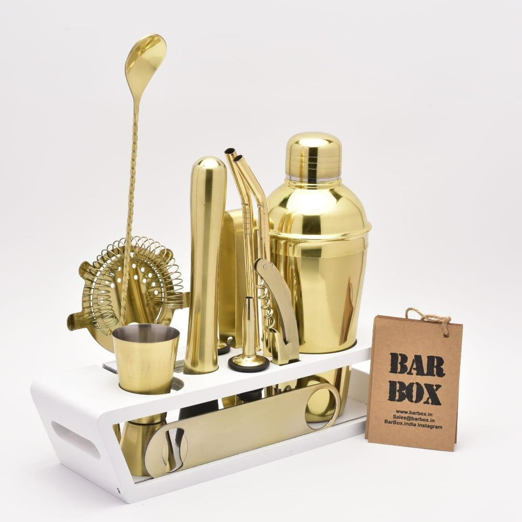 BarBox Premium Cocktail Shaker Set with Table display stand (White - Gold) - Bar Box