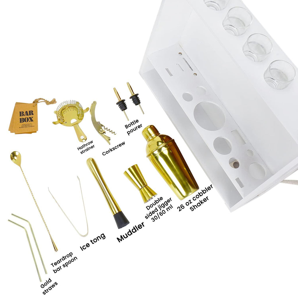 BarBox Premium Home Bar Kit with Military White Wall-mount Stand (19-Pcs)(Gold) - Bar Box