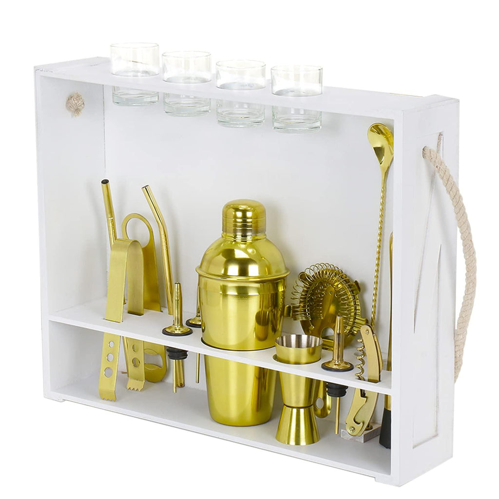 BarBox Premium Home Bar Kit with Military White Wall-mount Stand (19-Pcs)(Gold) - Bar Box