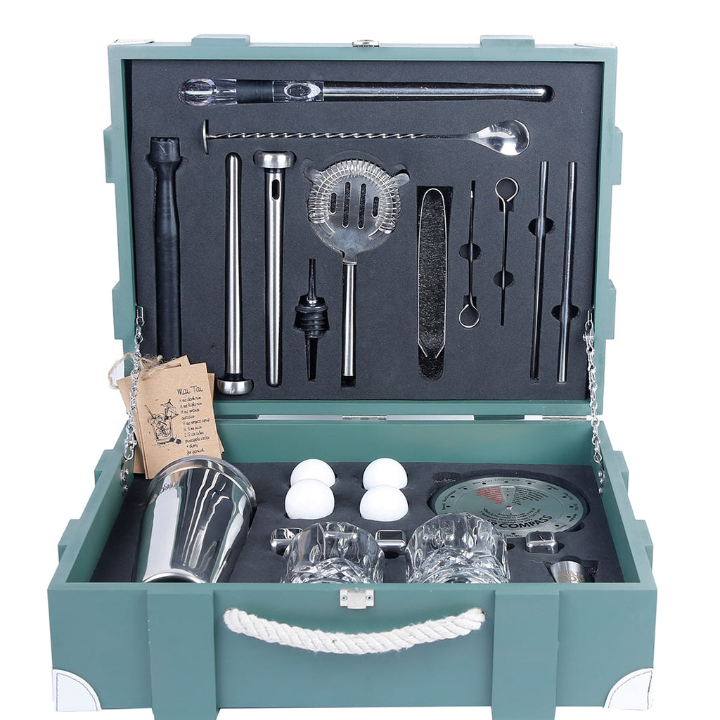 Bar Box Cocktail & Barware Tool Sets BarBox Standard Bartender Kit in Military Green Wooden Crate. (29-piece)(Silver)