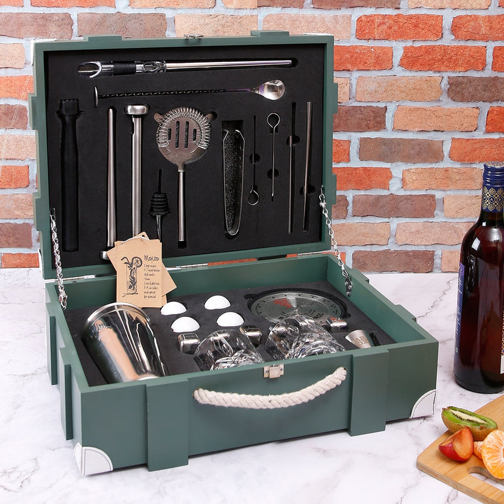 Bar Box Cocktail & Barware Tool Sets BarBox Standard Bartender Kit in Military Green Wooden Crate. (29-piece)(Silver)