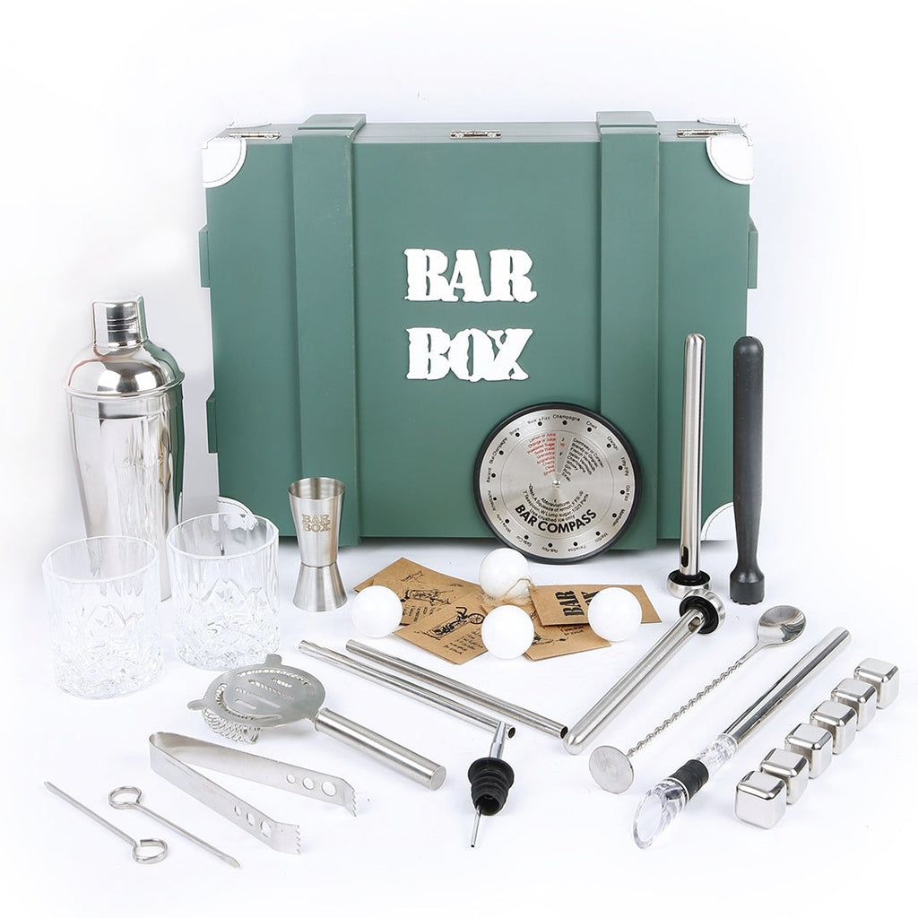 Bar Box Cocktail & Barware Tool Sets BarBox Standard Bartender Kit in Military Green Wooden Crate. (29-piece)(Silver)