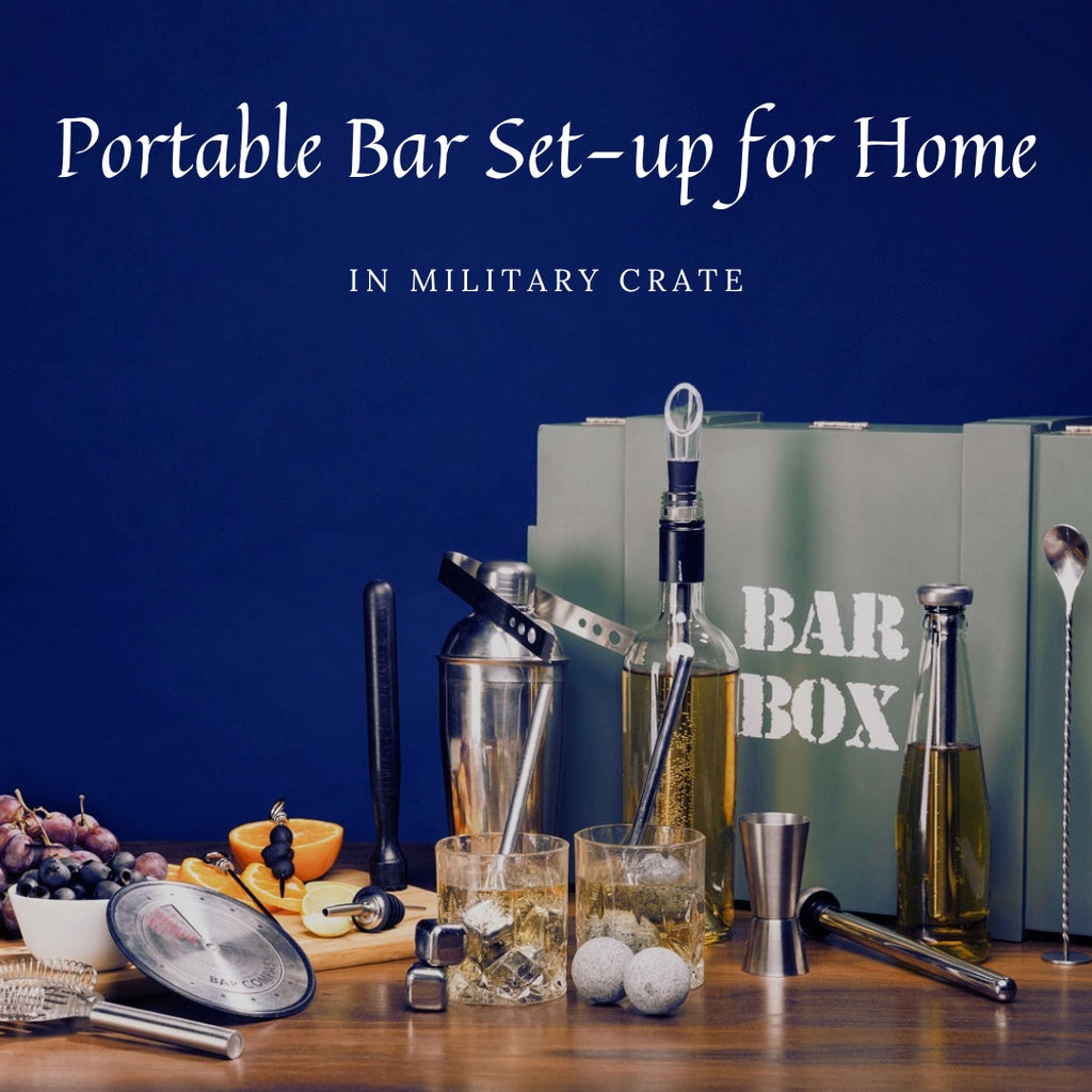 Bar Box Cocktail & Barware Tool Sets BarBox Standard Bartender Kit in Military Green Wooden Crate. (29-piece)(Silver)