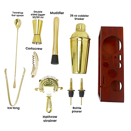 Bar Box Cocktail Shaker Set for Mixing Drinks Cocktail Whiskey Mojito Mocktail | Home Bartending Tools Accessories Kit with Sleek display stand (Brown-Gold)