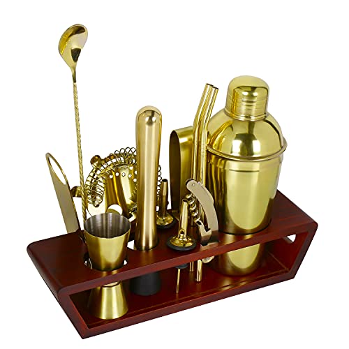 Bar Box Cocktail Shaker Set for Mixing Drinks Cocktail Whiskey Mojito Mocktail | Home Bartending Tools Accessories Kit with Sleek display stand (Brown-Gold)