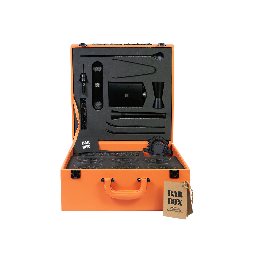 Bar Box Premium Travel Cocktail Bar Set 13 Piece Portable Bar Box Bartender Kit with Hip Flask,Cocktail Shaker Set and 6 Drink Glasses (Orange - Black Matte)