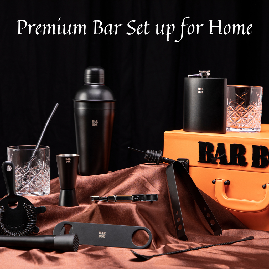 Bar Box Premium Travel Cocktail Bar Set 13 Piece Portable Bar Box Bartender Kit with Hip Flask,Cocktail Shaker Set and 6 Drink Glasses (Orange - Black Matte)