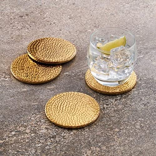 Bar Box Gold Plating Hammered Design Coasters with Velvet Base for Drinks, Mugs
