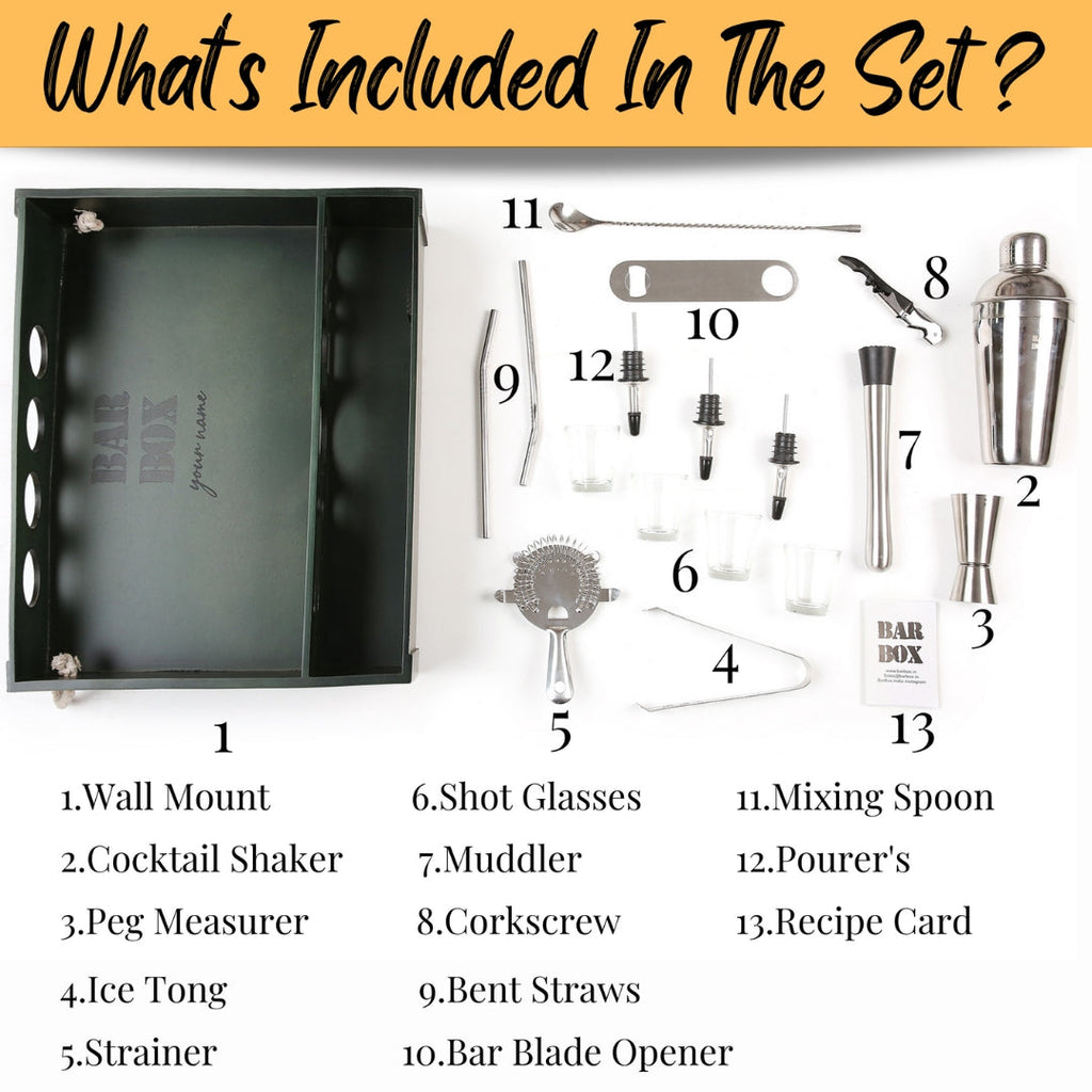 Home Bar Kit with Military Green Wall-mount Stand (19-Pcs) – Bar Box