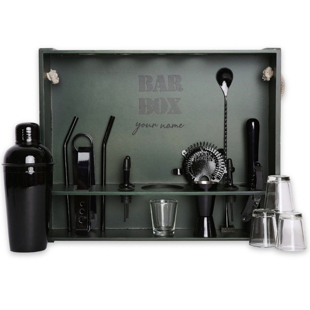 Bar Box Home Bar Kit with Military Green Wall-mount Stand (19-Pcs)(Black Matte)