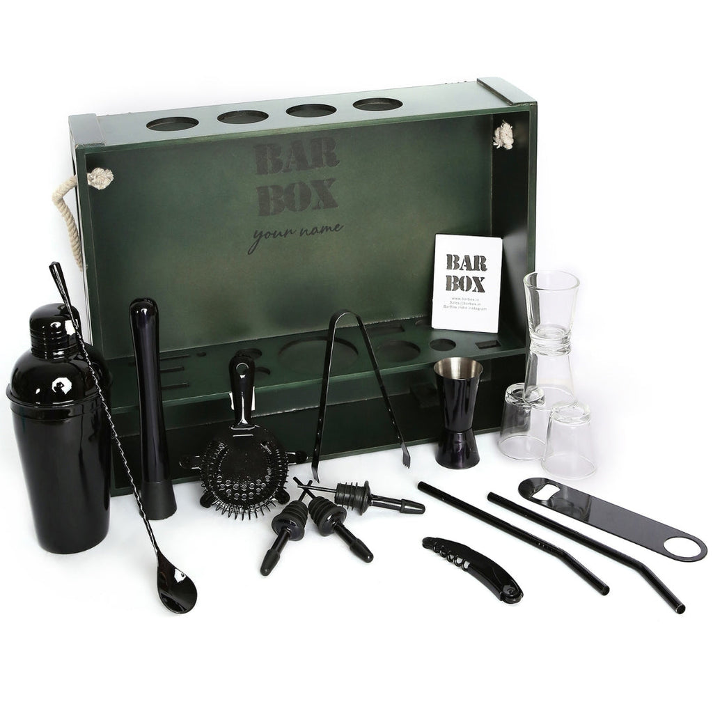 Bar Box Home Bar Kit with Military Green Wall-mount Stand (19-Pcs)(Black Matte)