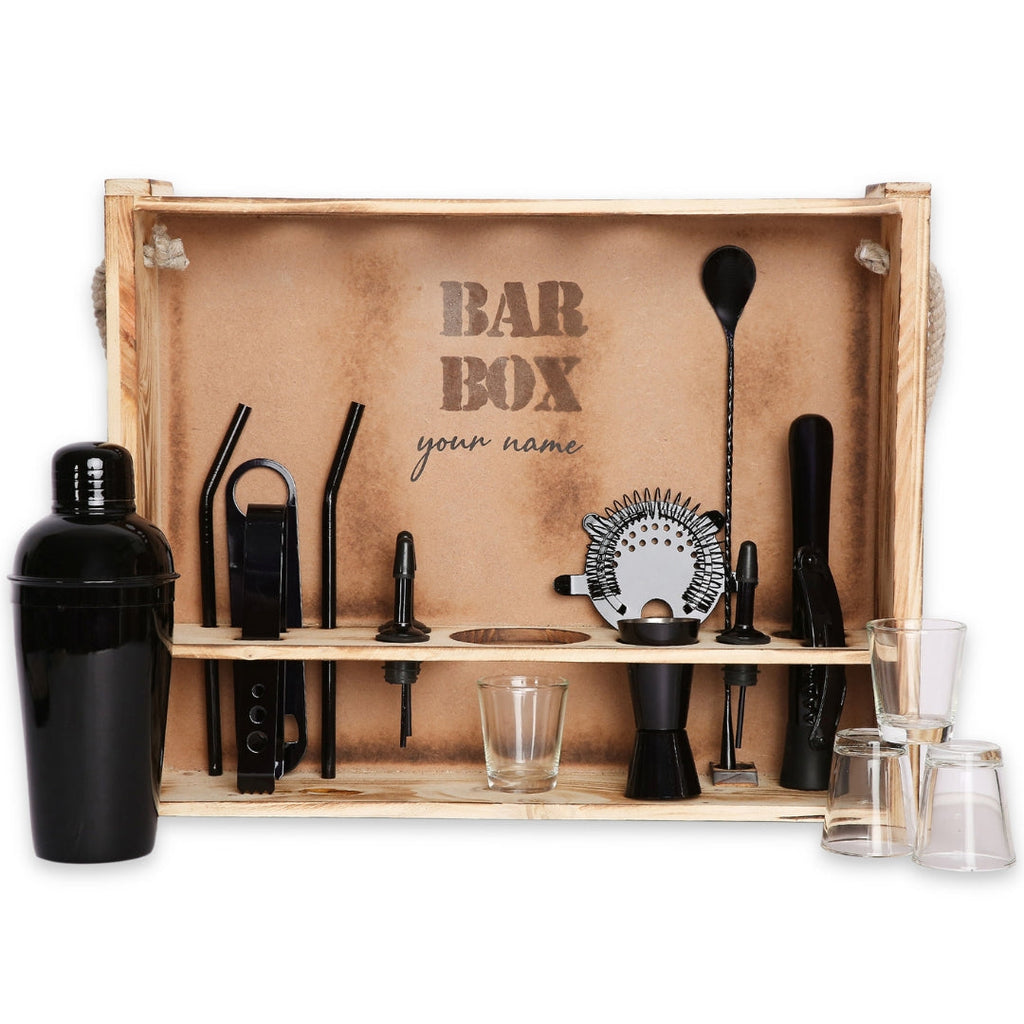 Bar Box Home Bar Kit with Rustic Wood Wall-mount Stand (19-Pcs)(Metalic Black)