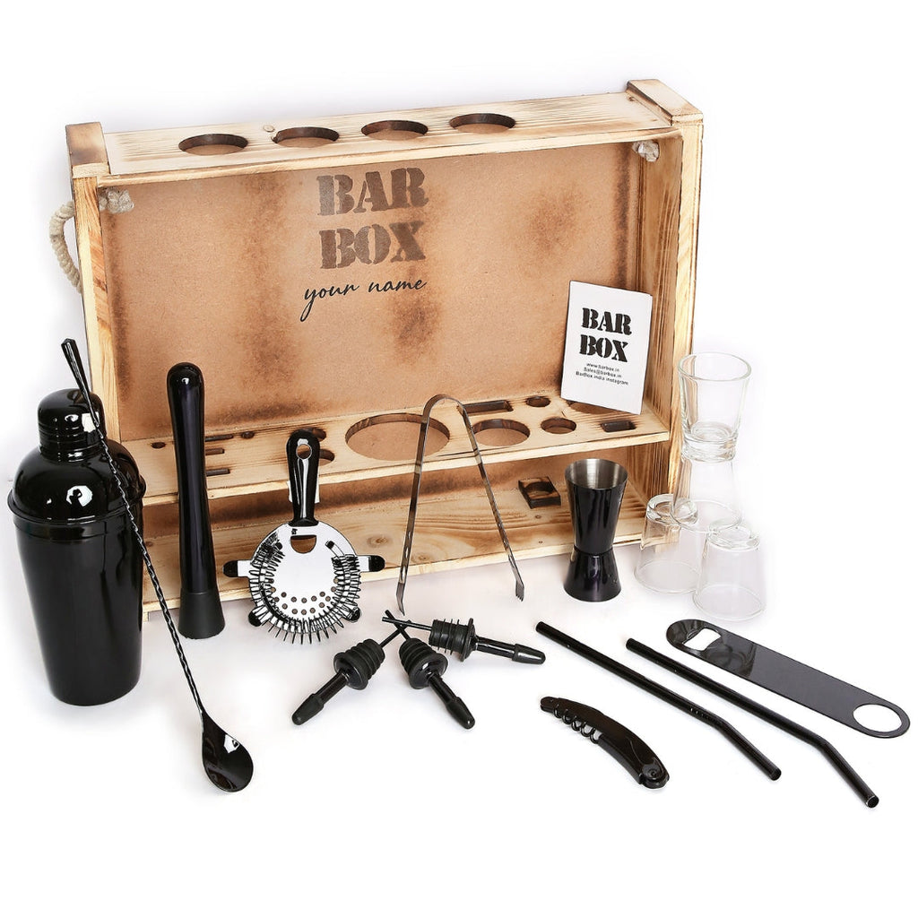 Bar Box Home Bar Kit with Rustic Wood Wall-mount Stand (19-Pcs)(Metalic Black)