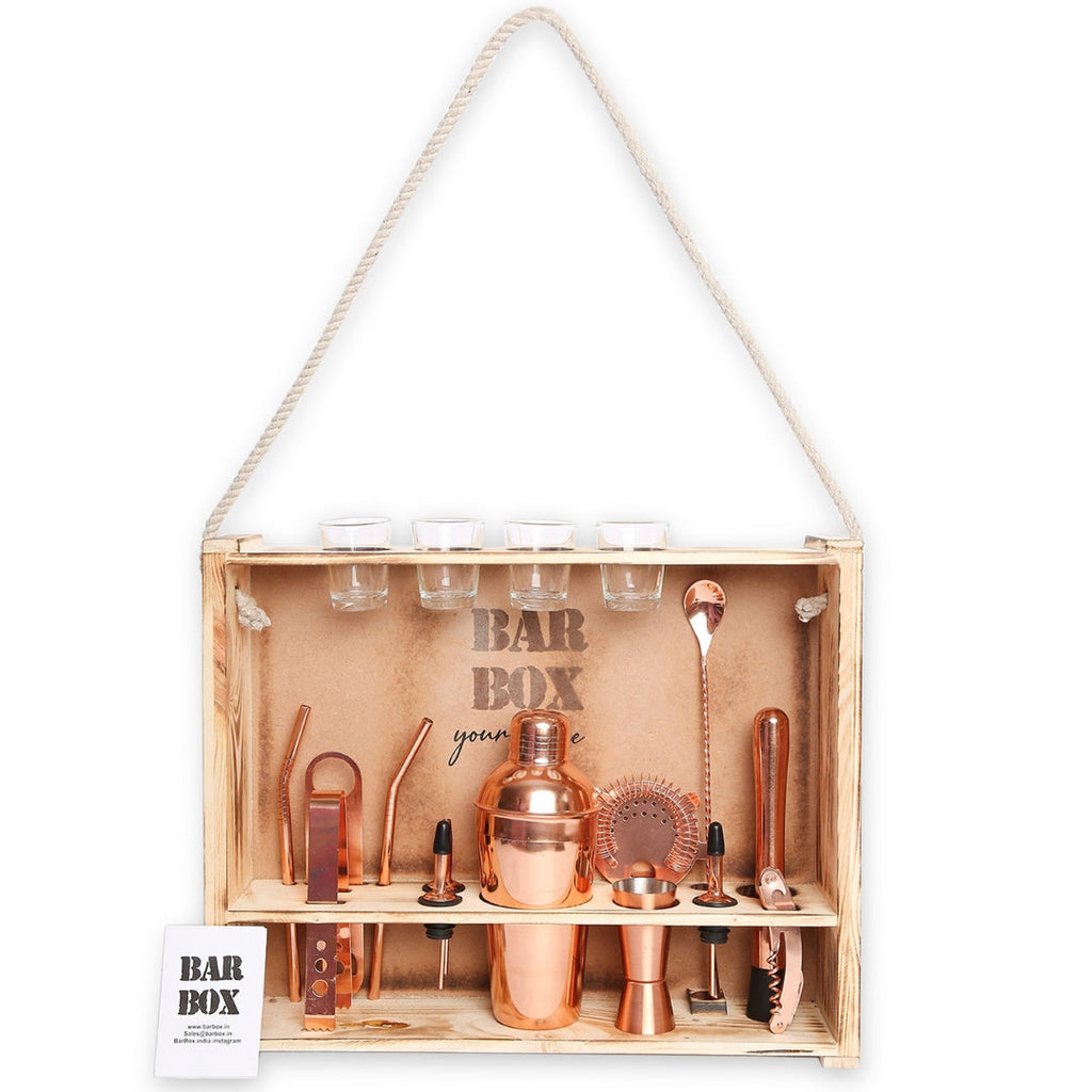 Bar Box Cocktail & Barware Tool Sets Home Bar Kit with Rustic Wood Wall-mount Stand (19-Pcs)(Rose Gold)