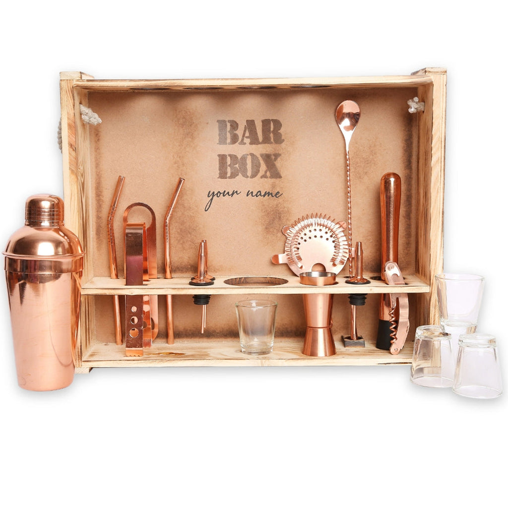 Bar Box Cocktail & Barware Tool Sets Home Bar Kit with Rustic Wood Wall-mount Stand (19-Pcs)(Rose Gold)
