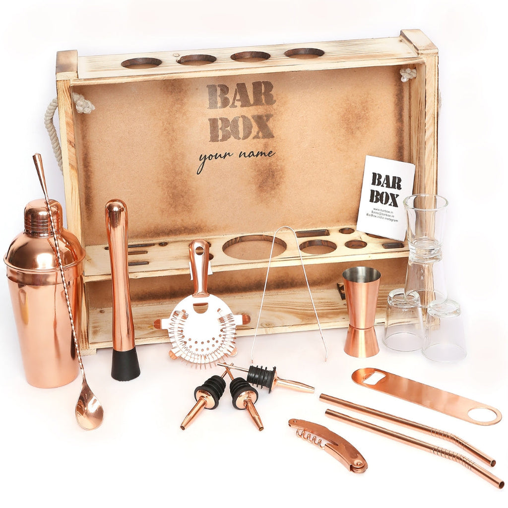 Bar Box Cocktail & Barware Tool Sets Home Bar Kit with Rustic Wood Wall-mount Stand (19-Pcs)(Rose Gold)