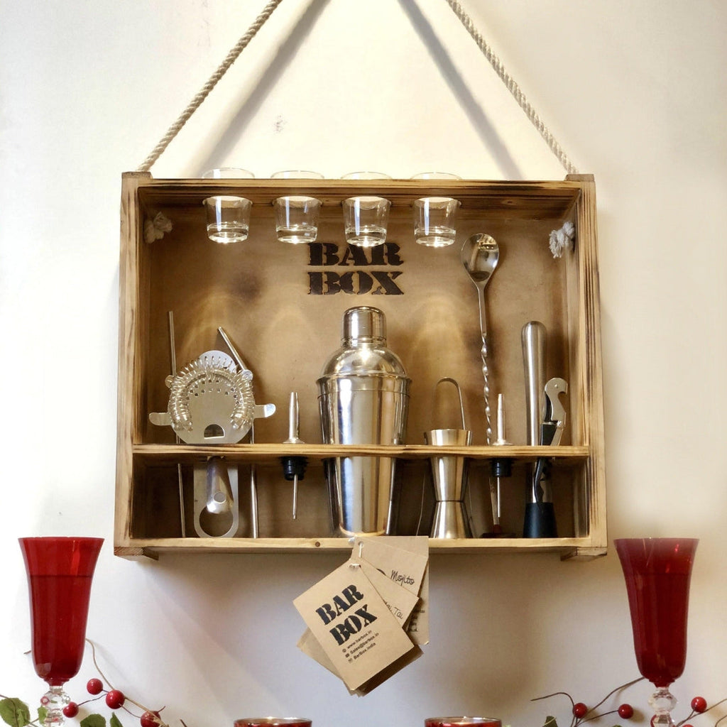 Bar Box Home Bar with Rustic Wood Wall-mount Stand (19-Pcs)(Silver)